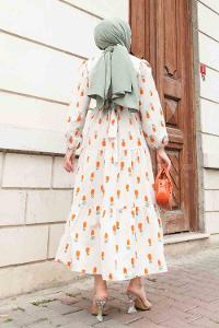 Orange Crew Neck Linen Printed Dresess