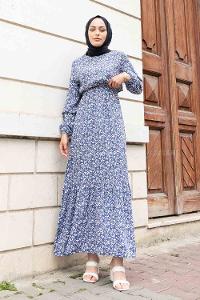 Indigo Crew Neck Viscose Fabric Printed Dresess
