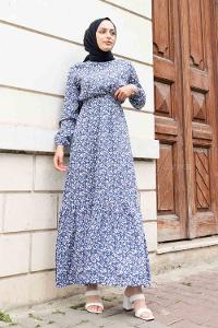 Indigo Crew Neck Viscose Fabric Printed Dresess