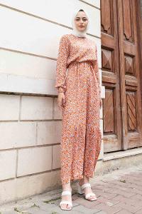 Orange Crew Neck Viscose Fabric Printed Dresess