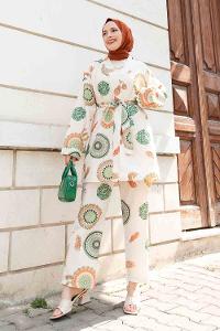 Green Normal Neck Long Arm Belted Linen Viscose Fabric Regular Trousers Linen Suit