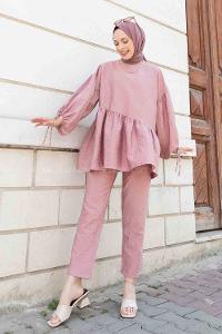 Rose-1 Crew Neck Balloon Sleeve Arm Without Accessories Viscose Fabric Regular Trousers Comfortable Suit