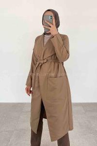 Beige Long Arm Belted Viscose Fabric Trench Coat