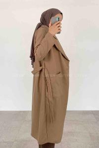 Beige Long Arm Belted Viscose Fabric Trench Coat