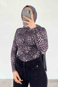 Black Mock Turtle Neck Long Arm Without Accessories Viscose Fabric Printed Blouse