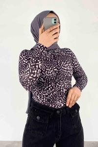 Black Mock Turtle Neck Long Arm Without Accessories Viscose Fabric Printed Blouse