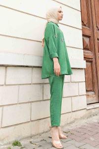Green Shirt Collar Long Arm With Brooch Linen Regular Trousers Comfortable Suit