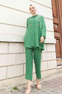Green Shirt Collar Long Arm With Brooch Linen Regular Trousers Comfortable Suit