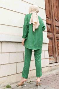 Green Shirt Collar Long Arm With Brooch Linen Regular Trousers Comfortable Suit