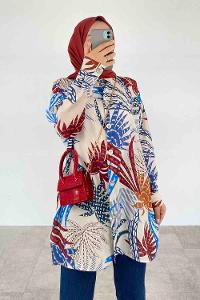 Blue Ecru Shirt Collar Long Arm Cotton Printed Shirt