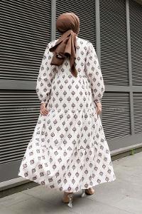 Brown Crew Neck Cotton Printed Dresess