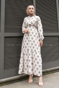 Brown Crew Neck Linen Printed Dresess