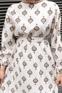 Brown Crew Neck Linen Printed Dresess