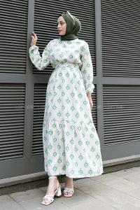 Green Crew Neck Linen Printed Dresess