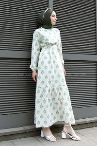 Green Crew Neck Linen Printed Dresess