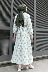 Green Crew Neck Linen Printed Dresess