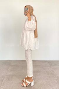 White Crew Neck Balloon Sleeve Arm Without Accessories Viscose Fabric Regular Trousers Comfortable Suit