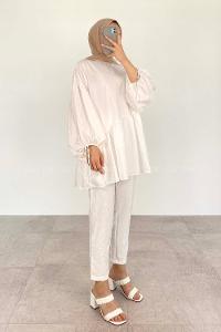 White Crew Neck Balloon Sleeve Arm Without Accessories Viscose Fabric Regular Trousers Comfortable Suit