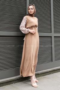 Camel Crew Neck Ayrobin Printed Dresess