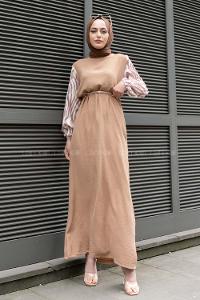 Camel Crew Neck Ayrobin Printed Dresess