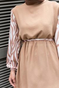 Camel Crew Neck Ayrobin Printed Dresess