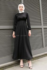 Black Crew Neck Crepe Fabric Unprinted Dresess