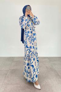 Blue Crew Neck Linen Printed Dresess