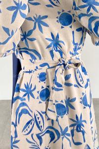 Blue Crew Neck Linen Printed Dresess