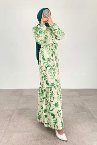 Green Crew Neck Linen Printed Dresess