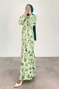 Green Crew Neck Linen Printed Dresess