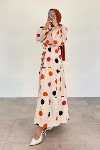 Orange Crew Neck Linen Printed Dresess