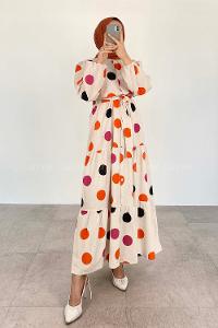 Orange Crew Neck Linen Printed Dresess