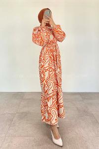 Orange Crew Neck Cotton Printed Dresess