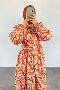 Orange Crew Neck Cotton Printed Dresess