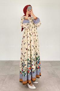 Ecru Navy Blue Foulard Neck Viscose Fabric Printed Dresess