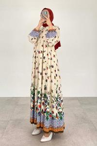 Ecru Navy Blue Foulard Neck Viscose Fabric Printed Dresess