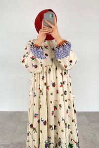 Ecru Navy Blue Foulard Neck Viscose Fabric Printed Dresess