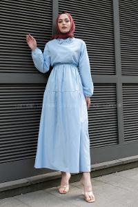 Baby Blue Shirt Collar Cotton Unprinted Dresess