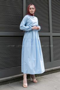 Baby Blue Shirt Collar Cotton Unprinted Dresess