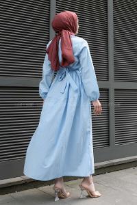 Baby Blue Shirt Collar Cotton Unprinted Dresess