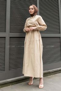 Beige Shirt Collar Cotton Unprinted Dresess