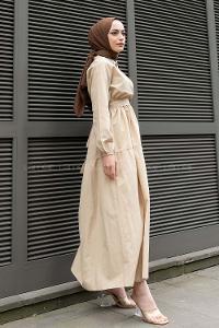 Beige Shirt Collar Cotton Unprinted Dresess