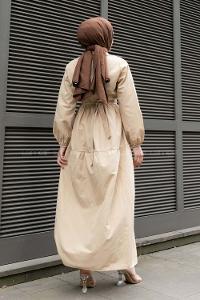Beige Shirt Collar Cotton Unprinted Dresess