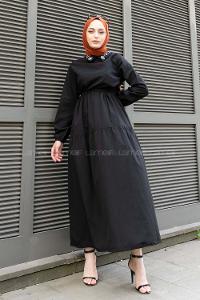 Black Shirt Collar Cotton Unprinted Dresess