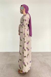 Purble Crew Neck Linen Printed Dresess