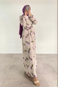 Purble Crew Neck Linen Printed Dresess