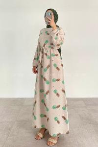 Green Crew Neck Linen Printed Dresess