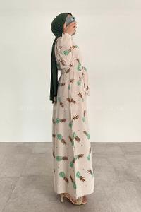 Green Crew Neck Linen Printed Dresess