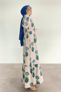 Indigo Mandarin Collar Linen Printed Dresess