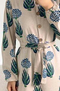 Indigo Mandarin Collar Linen Printed Dresess